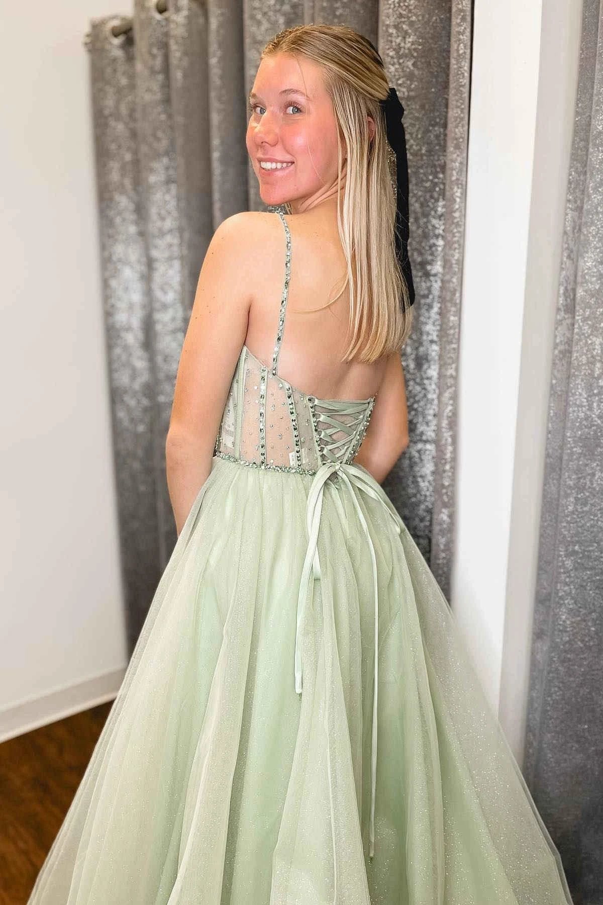 A-Line Sage Green Straps Sequin Beaded Tulle Prom Dress PSK488