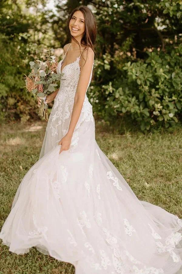 A-Line Spaghetti Straps Tulle Rustic Wedding Dress With Appliques  WD656