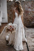 A-Line Straps Lace Beach Wedding Dress Boho Bridal Gown With Split WD657