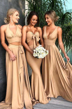 A-Line V-Neck Sweep Train Straw Spandex Prom Party Dress with Split PG658