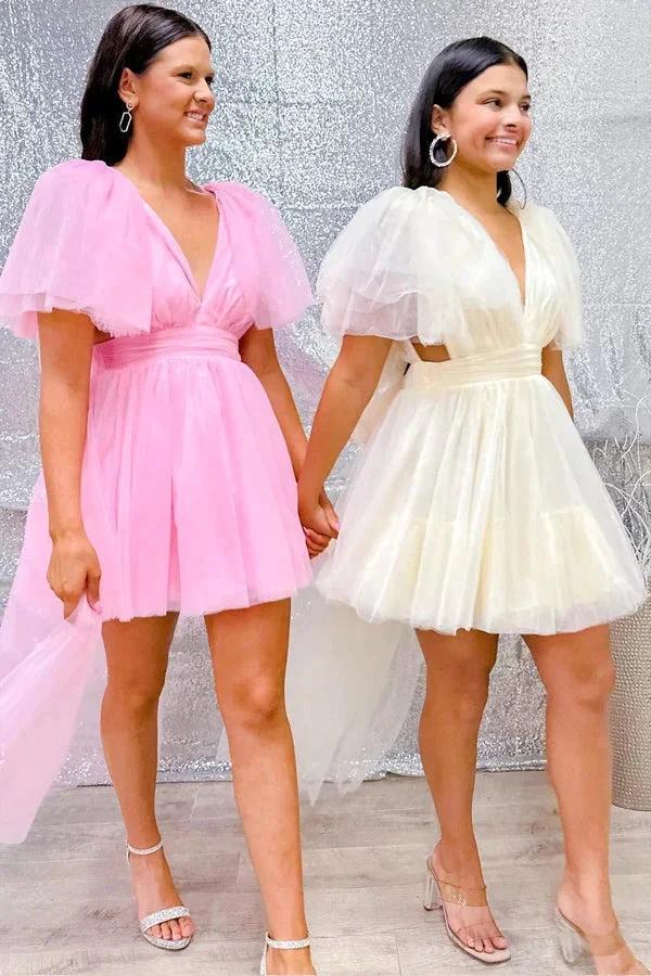 A-Line V Neck Pink Homecoming Dress With Flutter Sleeves PD506