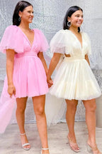 A-Line V Neck Pink Homecoming Dress With Flutter Sleeves PD506