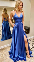 Satin Prom Dresses V-neckline Slit In Prom Dress SYP3