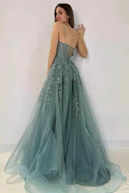 A-Line V Neck Tulle Lace Gray Green Long Prom Dress  PSK506