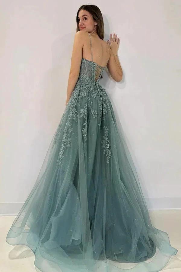 A-Line V Neck Tulle Lace Gray Green Long Prom Dress  PSK506