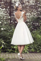 A-Line Wedding Dress Tea Length Lace Short Bridal Gown WD747