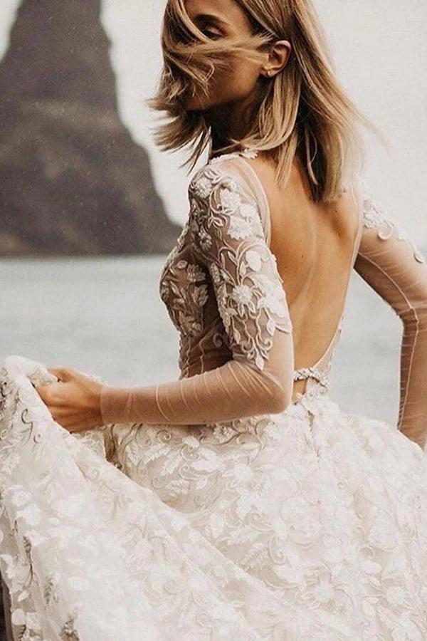 A-line Long Sleeves Wedding Dresses Lace V Neckline Bridal Gowns WD584