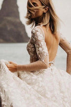 A-line Long Sleeves Wedding Dresses Lace V Neckline Bridal Gowns WD584