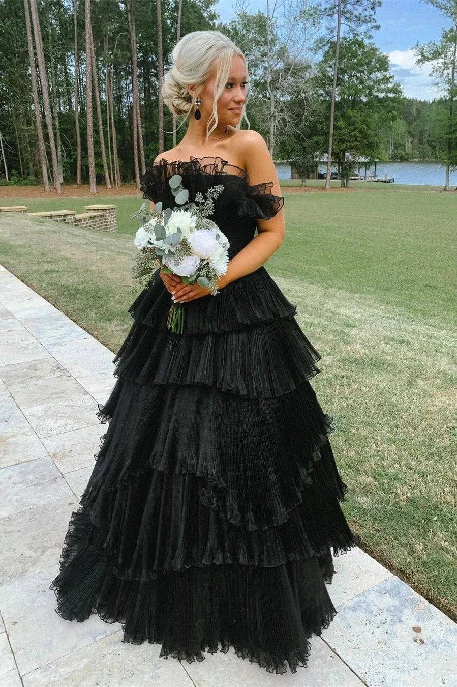 Off-the-Shoulder Ruffle Layers Tulle Prom Dress SYP144