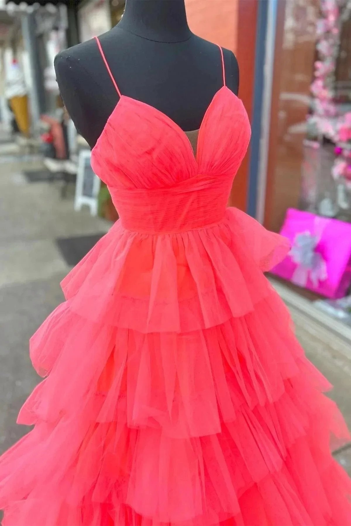 A-line Red Layers Plunging V Neck Long Prom Dress PSK487
