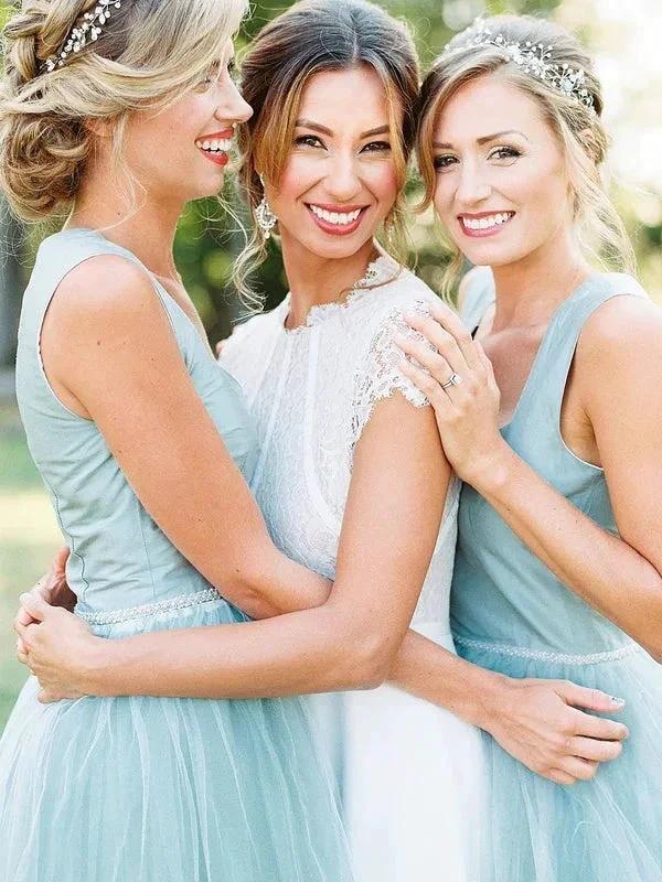 A-line Square High Low Tulle Beaded Simple Bridesmaid Dresses  BD111
