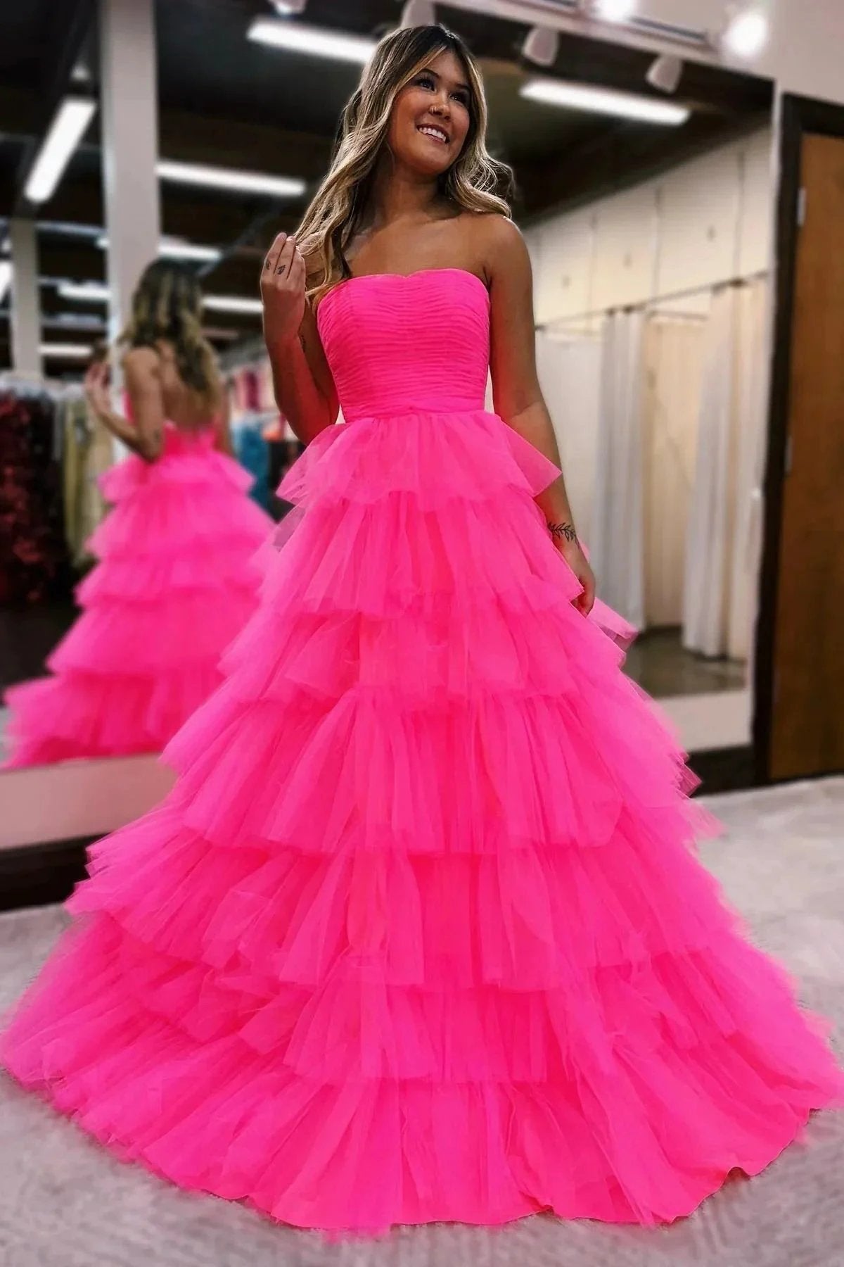 Strapless Pleated Multi-Layers Tulle Prom Dress SYP148