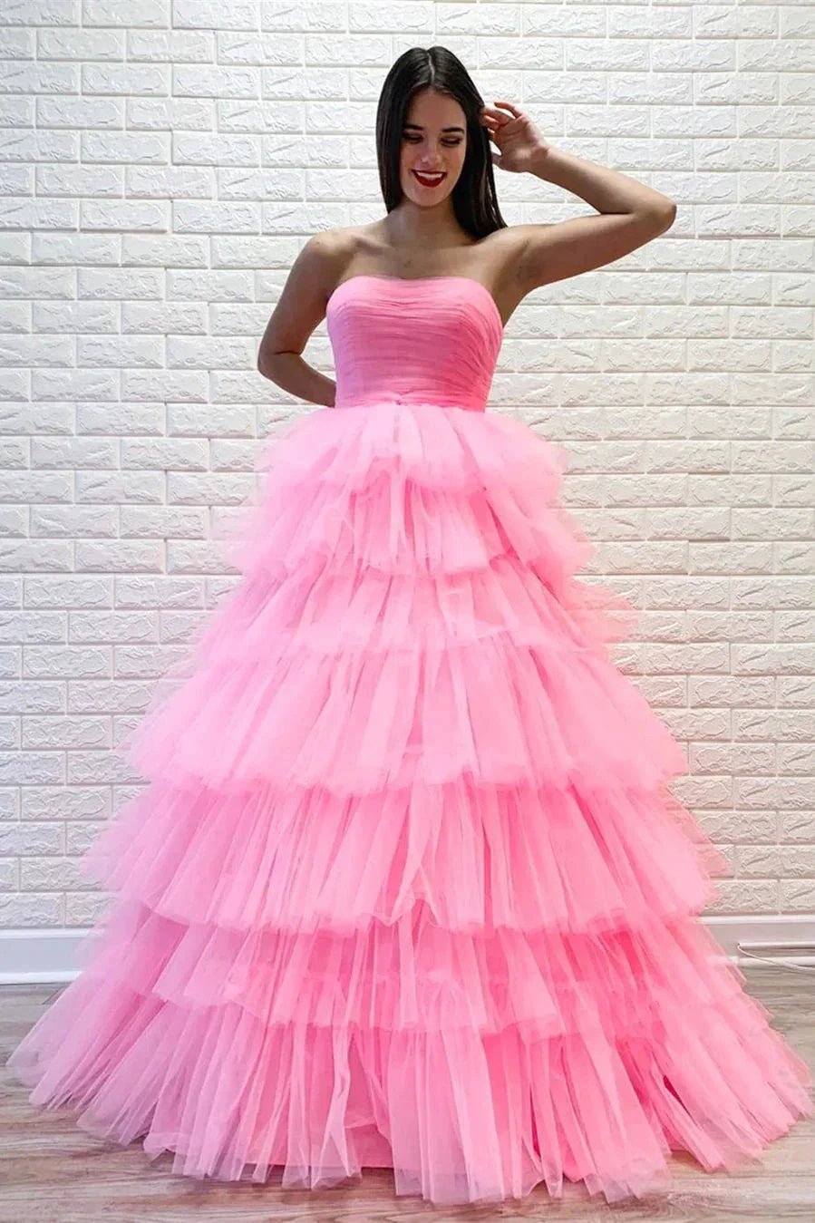 Strapless Pleated Multi-Layers Tulle Prom Dress SYP148