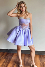 A-line Strapless Sheer Corset Bodice Lavender Homecoming Dress PD539