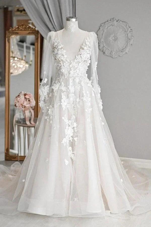 A-line V Neck Long Sleeves Ivory Tulle Wedding Dresses Bridal Gowns WD577