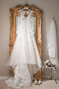 A-line V Neck Long Sleeves Ivory Tulle Wedding Dresses Bridal Gowns WD577