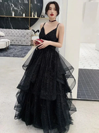 Shiny Black V Neck Prom Dresses, Backless Black V Neck Formal Evening Dress Y1767