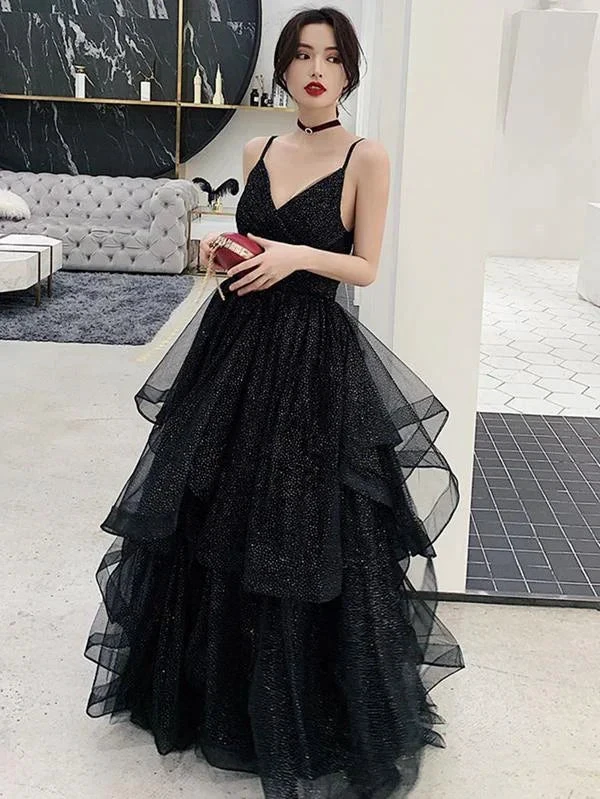 Shiny Black V Neck Prom Dresses, Backless Black V Neck Formal Evening Dress Y1767