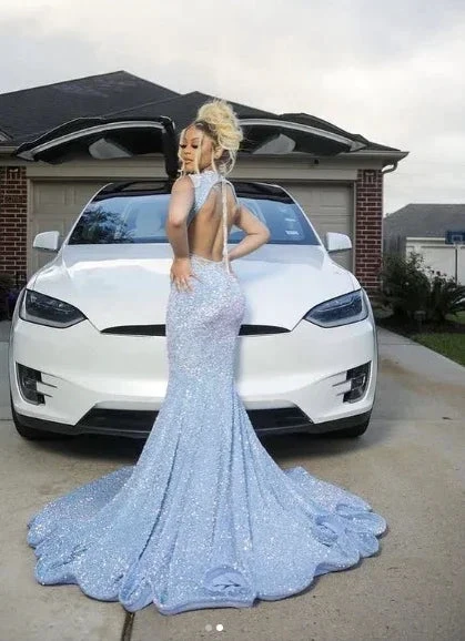 Blue Sparkly Evening Dress Long Mermaid Prom Dress Y1647