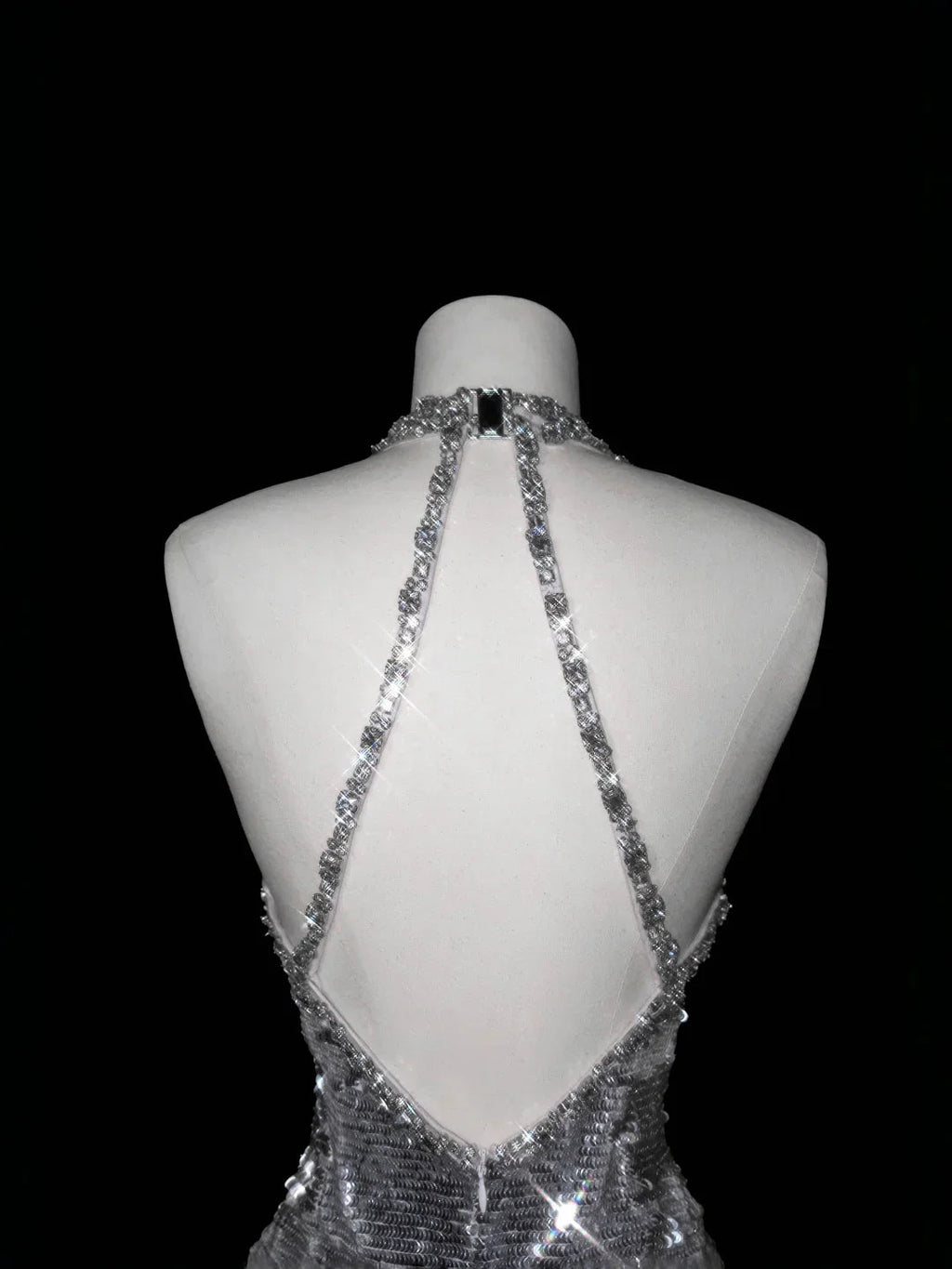 Sparkly Silver Deep V Halter Sequins Beaded Backless Evening Dress Mermaid Prom Dress Y8687