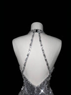Sparkly Silver Deep V Halter Sequins Beaded Backless Evening Dress Mermaid Prom Dress Y8687