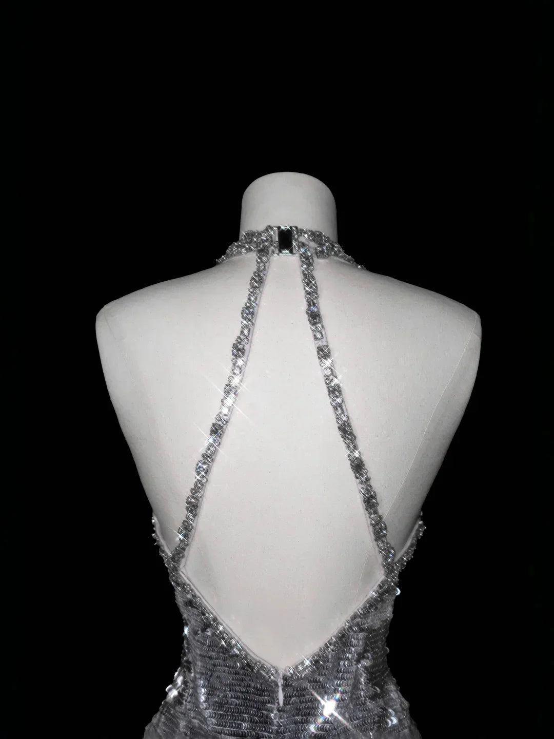 Sparkly Silver Deep V Halter Sequins Beaded Backless Evening Dress Mermaid Prom Dress Y8687