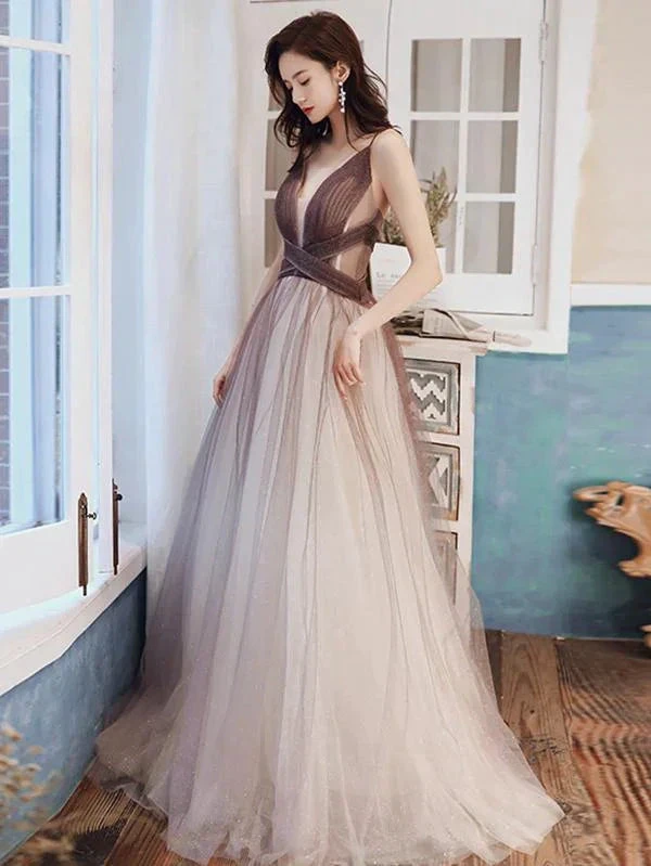 V Neck Brown Ombre Long Prom Dresses, Brown Ombre Floor Length Formal Evening Dresses Y1820