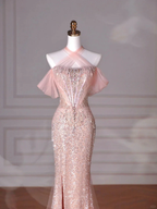 Classy Pink Halter Sequin Beaded Tulle Mermaid Evening Dress Long Prom Dress Y8620
