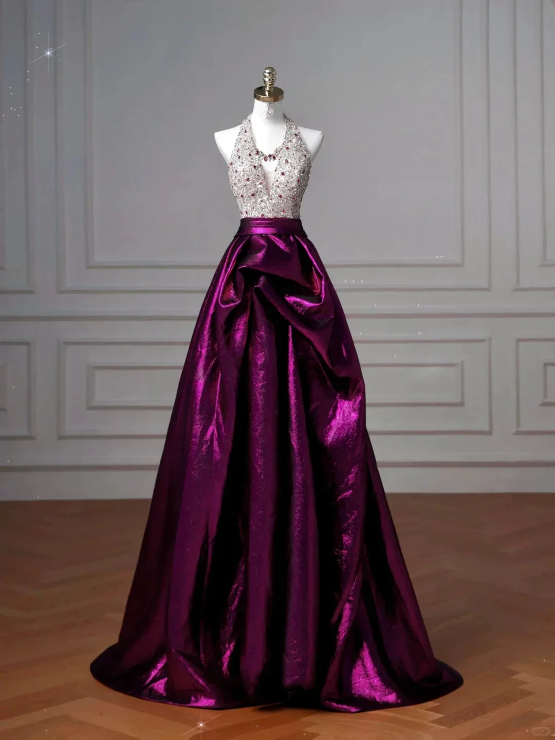 Classy Halter Purple Beaded Satin A Line Prom Dress Long Evening Dress Y8609