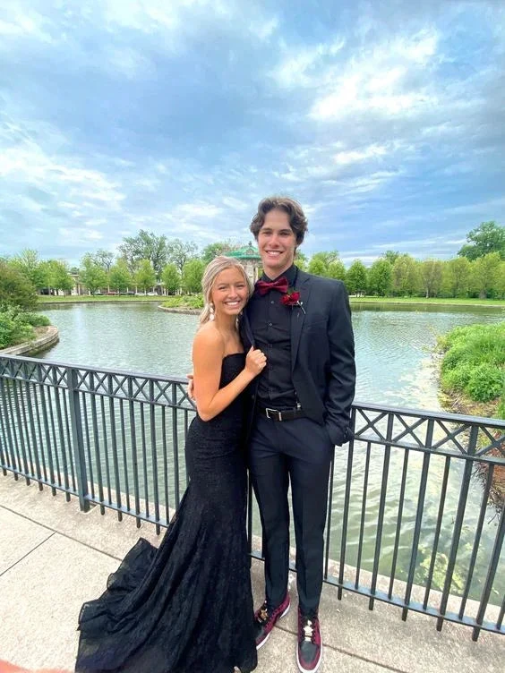 Strapless Mermaid Black Lace Long Prom Dresses with High Slit Mermaid Black Formal Graduation Evening Dresses Y4782