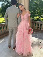 Pink Off Shoulder Fluffy Lace Appliques Floral Long Prom Dress Evening Dress Y7846