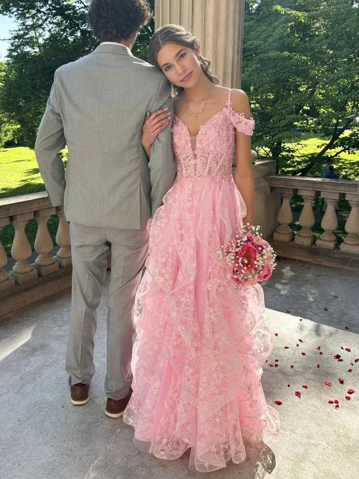 Pink Off Shoulder Fluffy Lace Appliques Floral Long Prom Dress Evening Dress Y7846