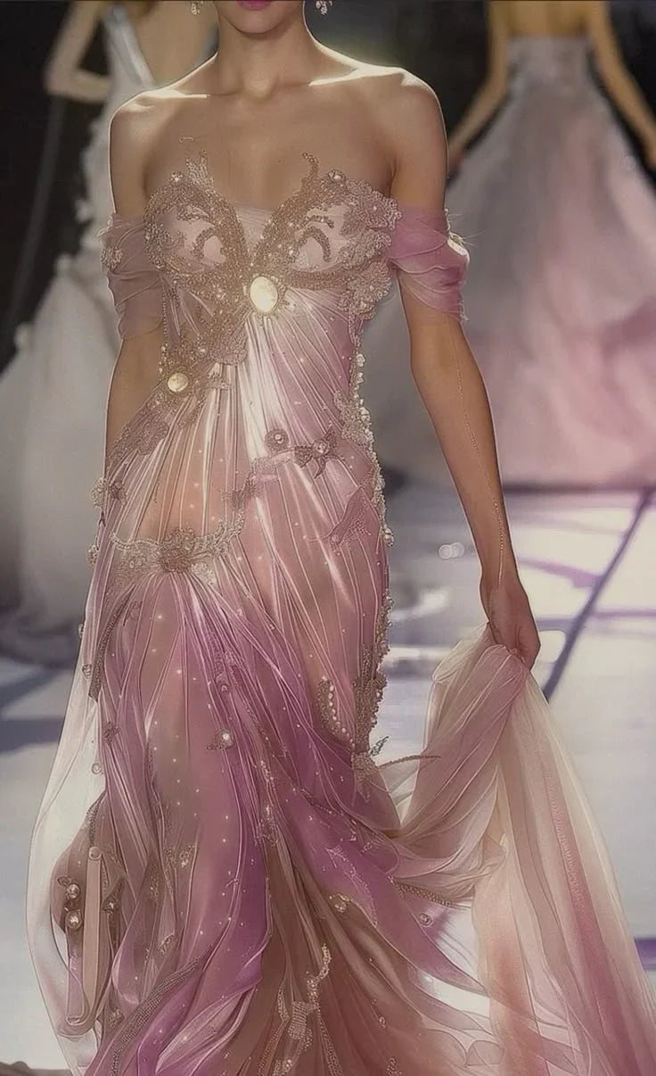 Classy Chiffon Beaded Evening Dress Off The shoulder Long Prom Dress Y8401