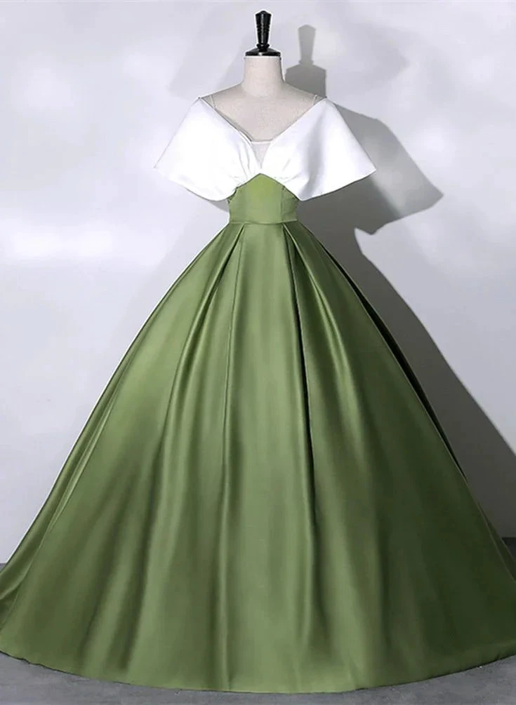 Green and White Satin Long Ball Gown Long Formal Dress Y7001