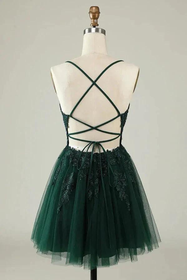 A Line Spaghetti Straps Tulle Short Grey Blue Homecoming Dress PD527