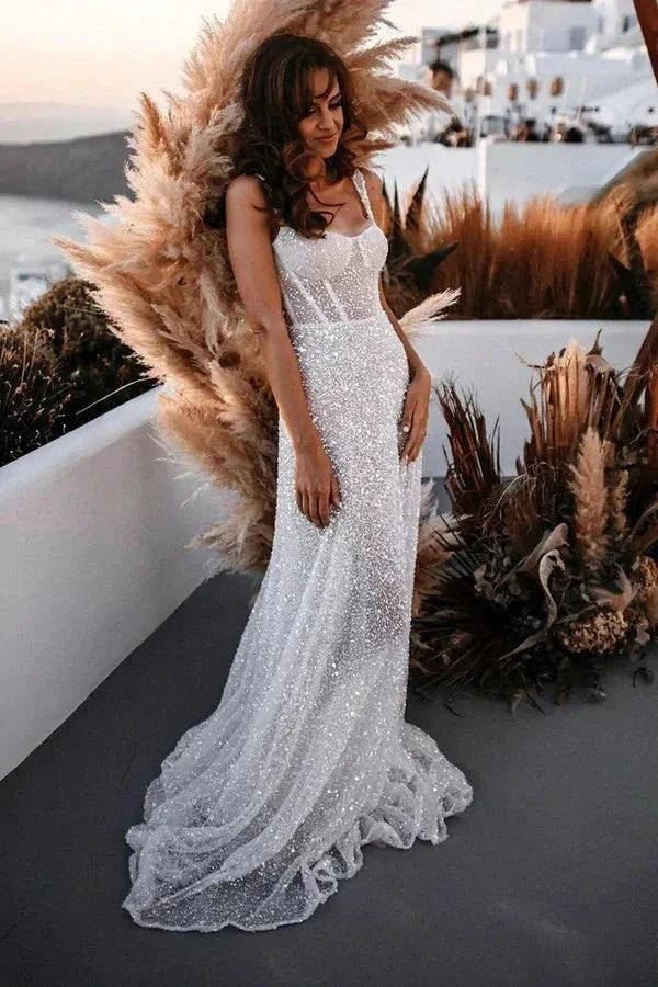 A Line Sweetheart Sparkly Sequins Beach Wedding Dress WD739