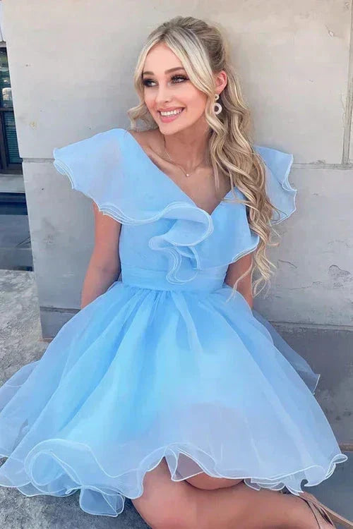 A Line V Neck Organza Ruffles Homecoming Dress SYH105