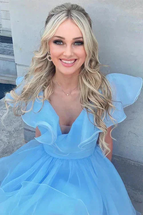 A Line V Neck Organza Ruffles Homecoming Dress SYH105