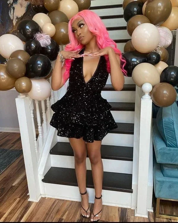 Sexy Black Sparkling Short Homecoming Dresses Back Open Tiered Sequin Graduation Gown Parties Night Y4111