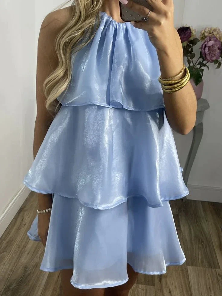Simple Blue Organza Halter Layered Mini Prom Dress Homecoming Dress Y8089