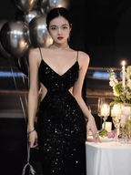 Black Sequins Sparkling Evening Dress Sexy Backless Evening Gown Y1124