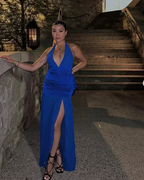 Blue Halter Slit Satin Evening Dress Formal Prom Dress Y7863