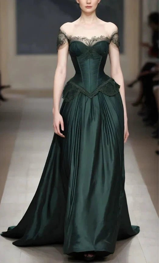 Vintage Green Off Shoulder Lace Satin Evening Dress Formal Prom Dress Y7810