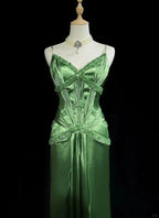 Chic Green Spaghetti Straps Satin Beaded Prom Dress Evening Dress Y8555