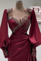 Amazing Long Burgundy Mermaid Beading Lace Prom Dresses with Long Sleeves