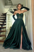Amazing Long Dark Green A-line Strapless Lace Prom Dress With Slit