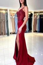 Amazing Long Mermaid Burgundy Spaghetti Straps Lace Prom Dress With Slit