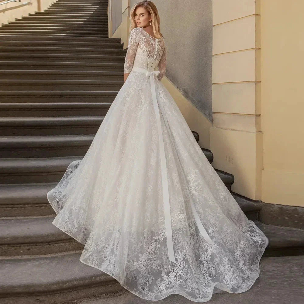 Appliques Vestido De Noiva Ribbons Belt Vestidos De Novia Three Quarter Sleeve Wedding Dresses Lace Robe De Mariée