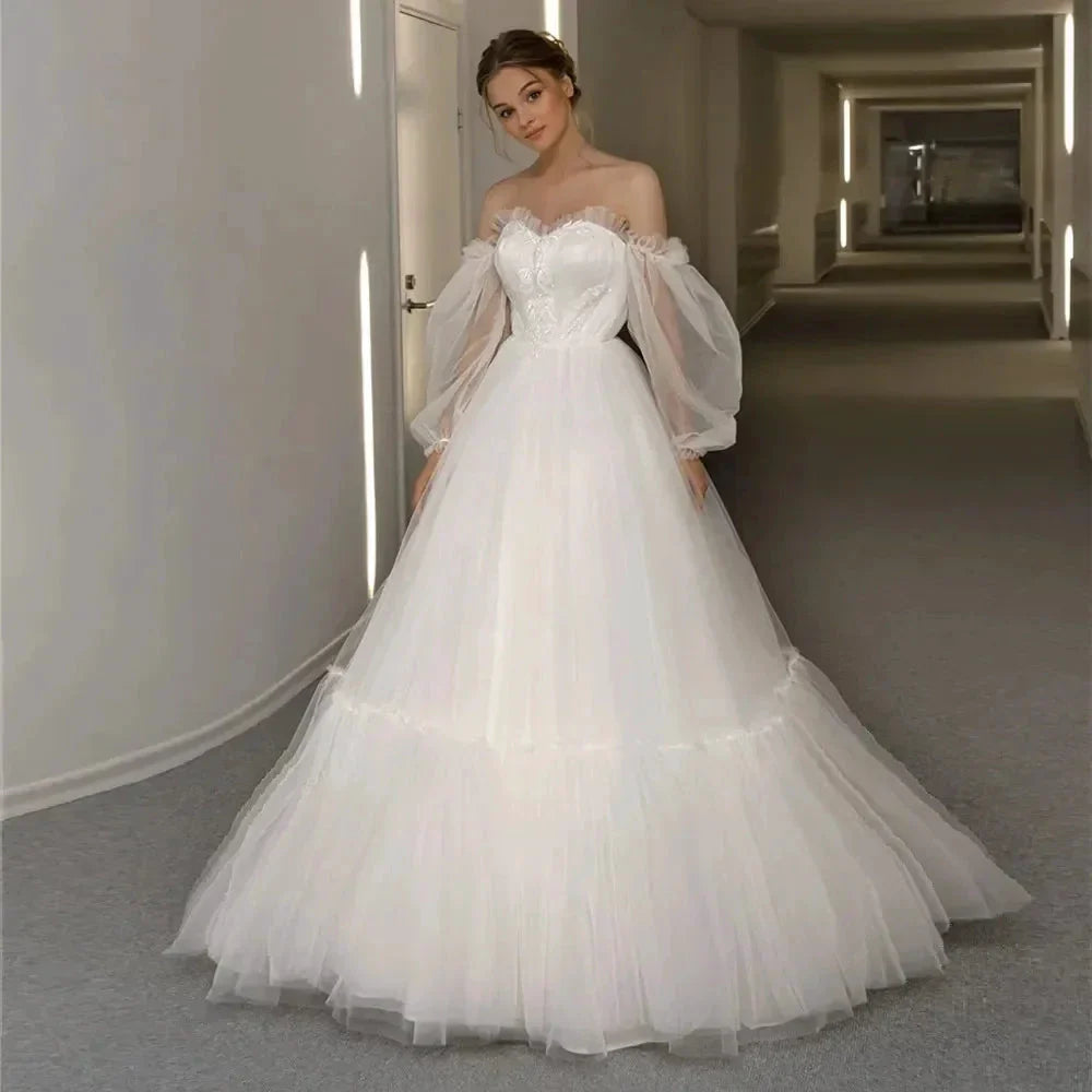 Appliques Vestido De Noiva Sexy Backless A Line Vestidos De Novia Bishop Sleeve Wedding Dresses Lace Robe De Mariée