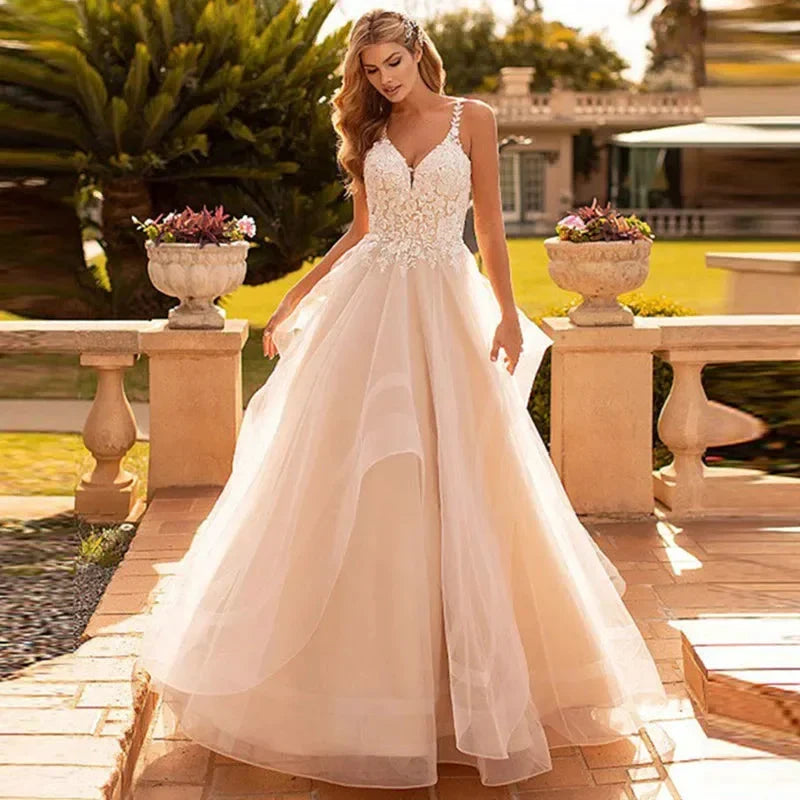 Appliques Vestido De Noiva Sexy V-neck Vestidos De Novia Spaghetti Straps Wedding Dresses Lace Robe De Mariée